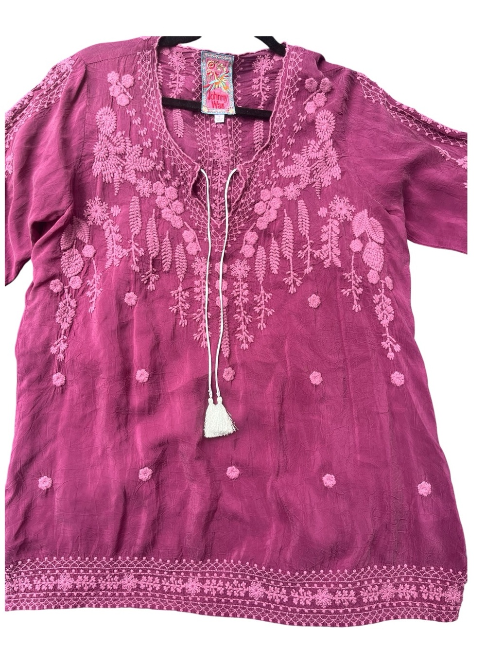 JOHNNY WAS Purple Plum Embroidered Tunic Blouse S Cupra Rayon Boho